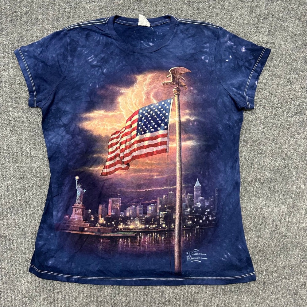 The Mountain T-Shirt Womens XL Blue Tie Dye Thomas Kinkade Patriotic Graphic Tee